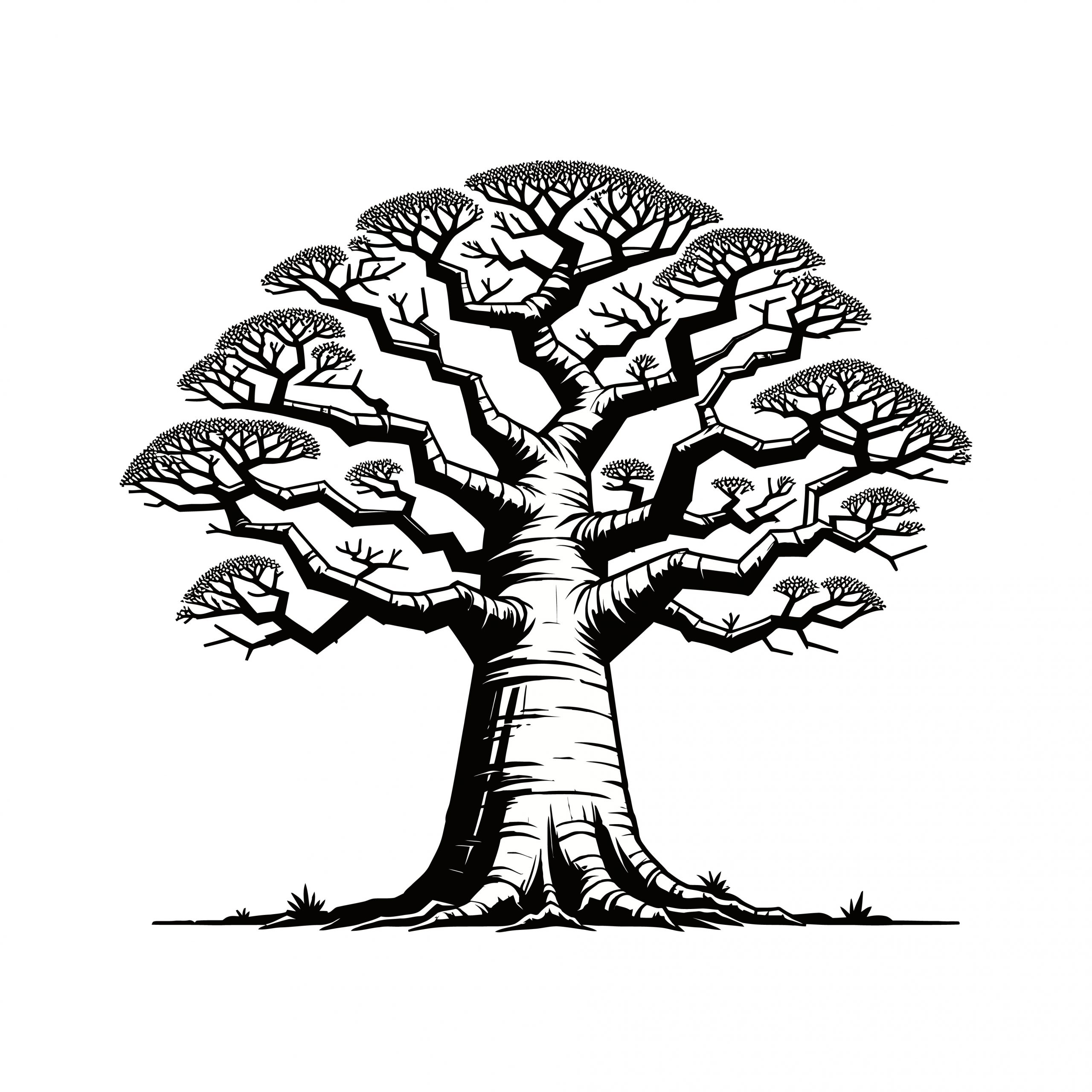 Detailed vector illustration of a baobab tree with intricate branches and roots, perfect for nature and botanical designs.